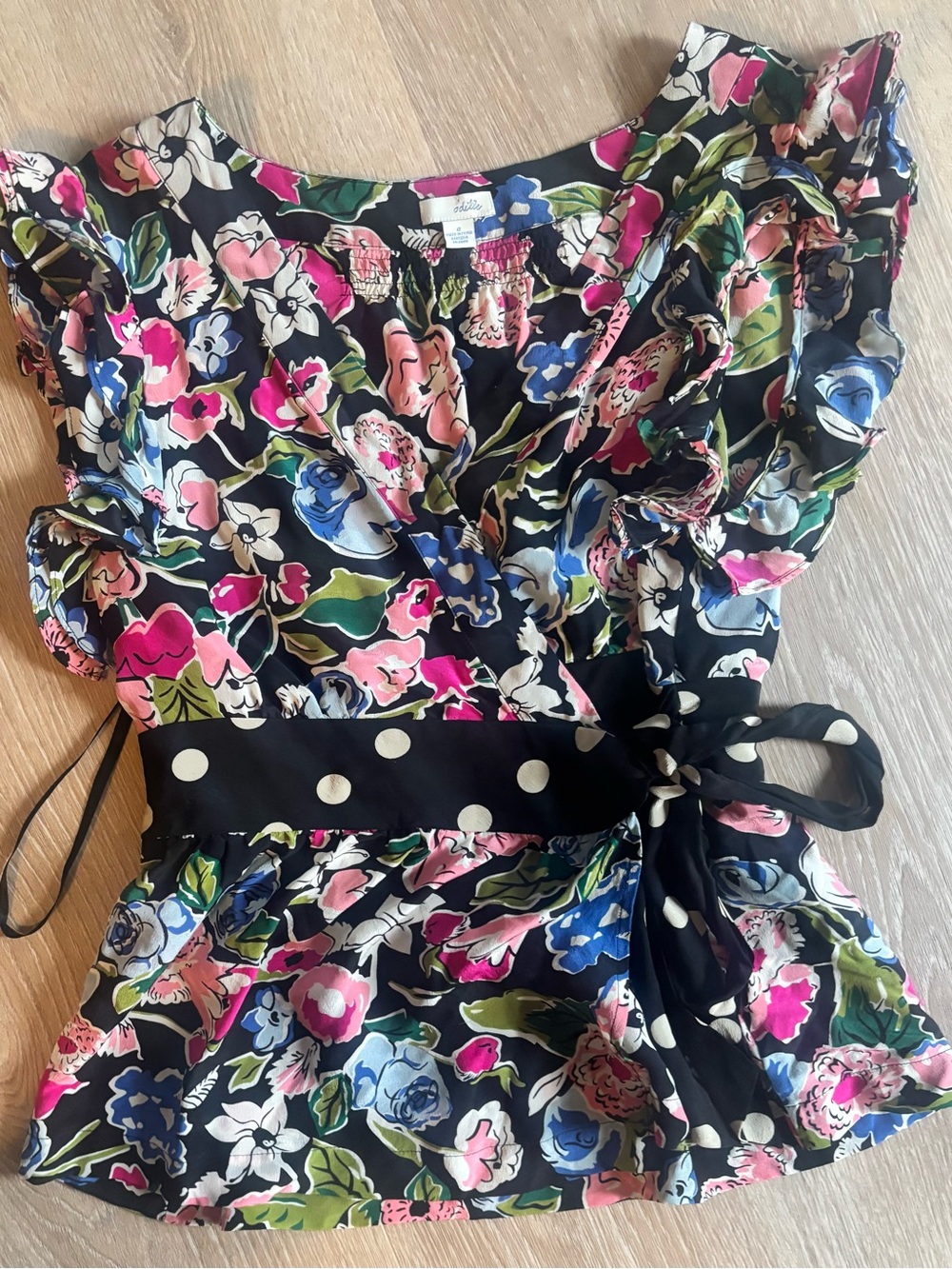 Odille by Anthropology Black Floral Ruffle top with Polka Dot belt